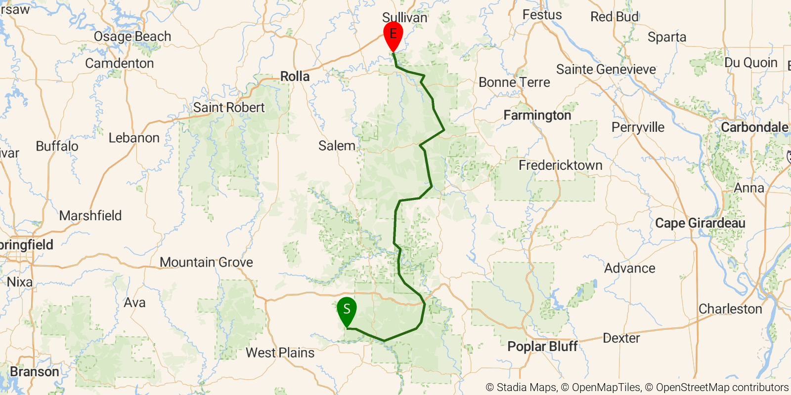 Route map of the Ozark Trail on OpenStreetMap terrain