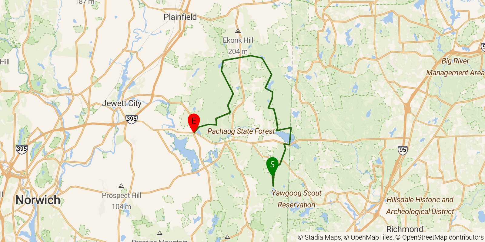 Route map of the Pachaug Trail on OpenStreetMap terrain