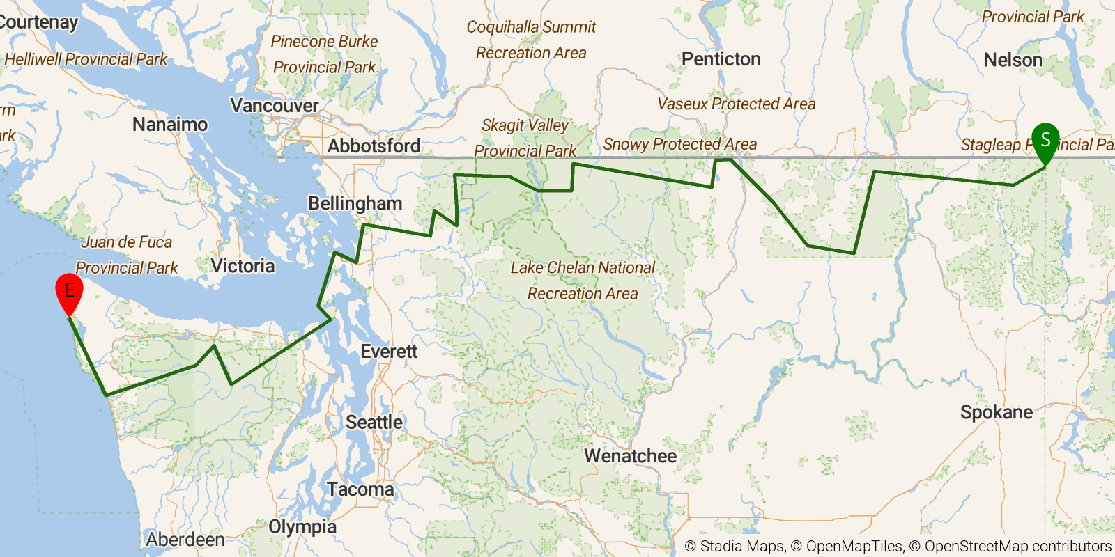 Route map of the Pacific Northwest Trail — Washington on OpenStreetMap terrain