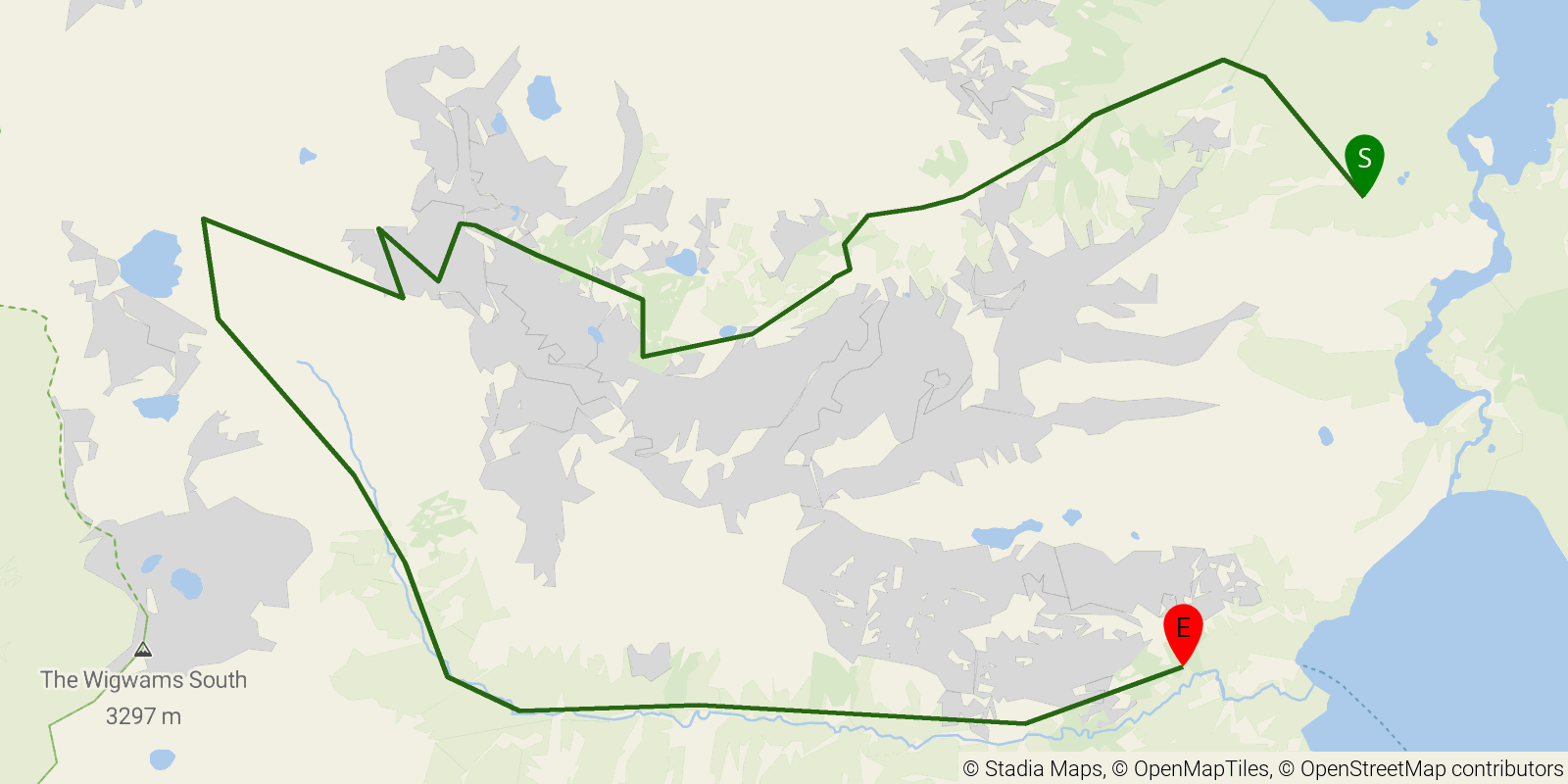 Route map of the Paintbrush–Cascade Canyon Loop on OpenStreetMap terrain