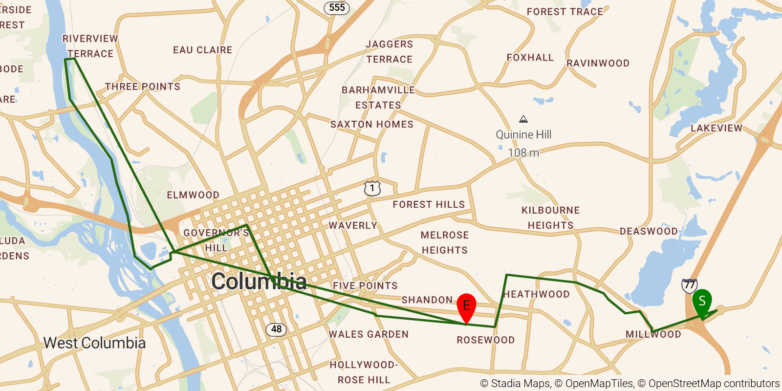 Route map of the Palmetto Trail — Capital City Passage on OpenStreetMap terrain
