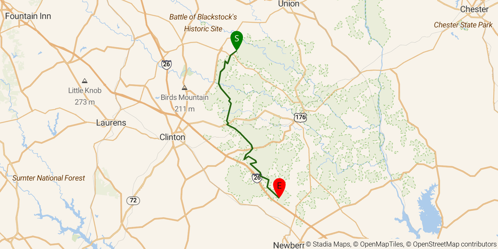 Route map of the Palmetto Trail — Enoree Passage on OpenStreetMap terrain