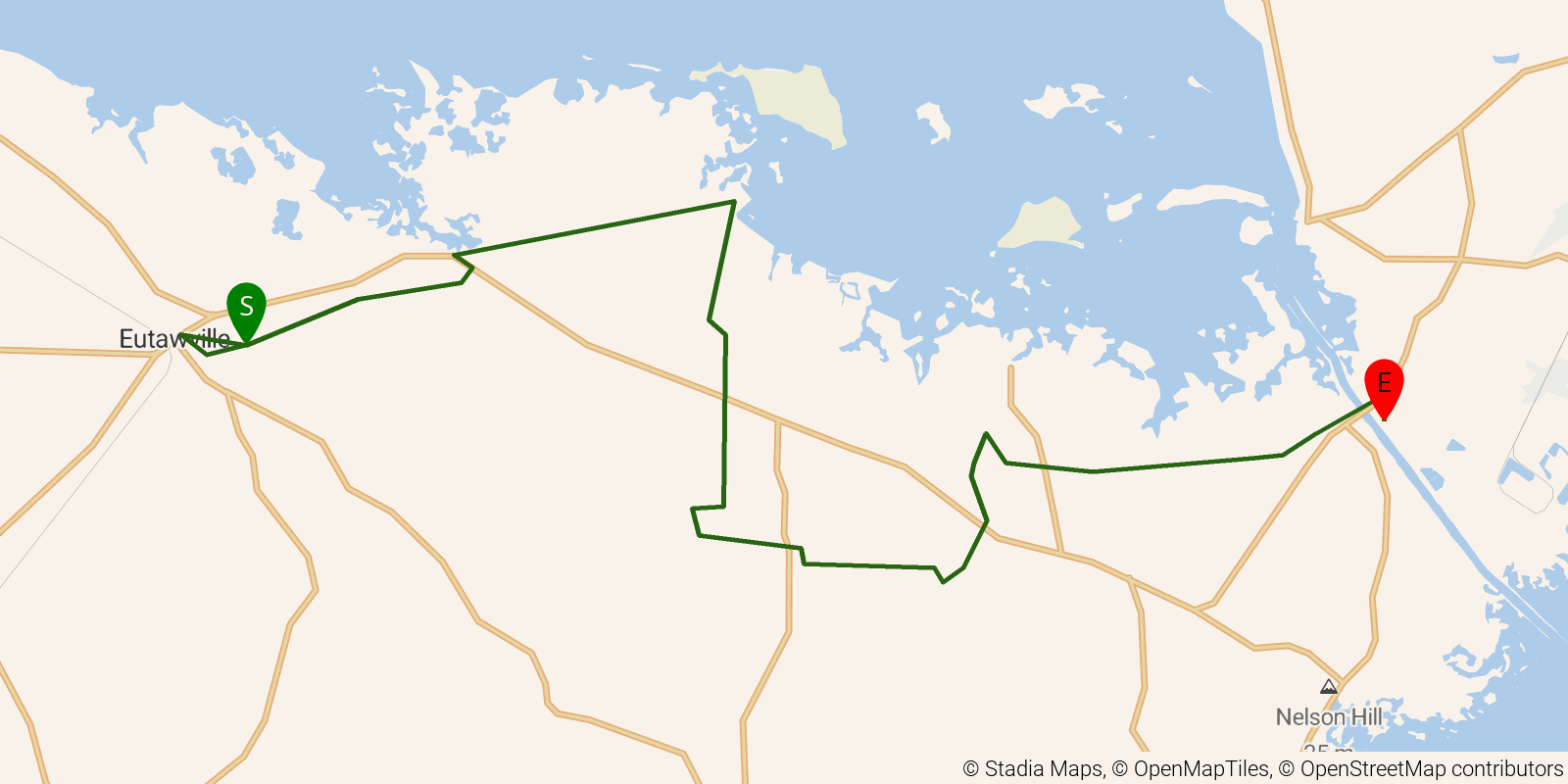 Route map of the Palmetto Trail — Eutaw Springs Passage on OpenStreetMap terrain