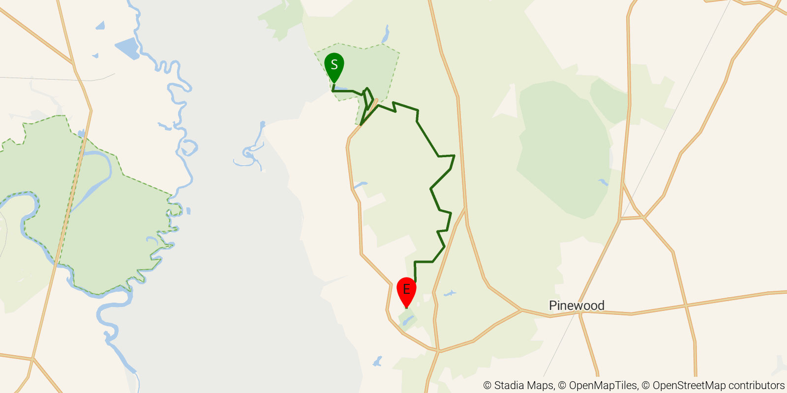 Route map of the Palmetto Trail — High Hills of Santee Passage on OpenStreetMap terrain