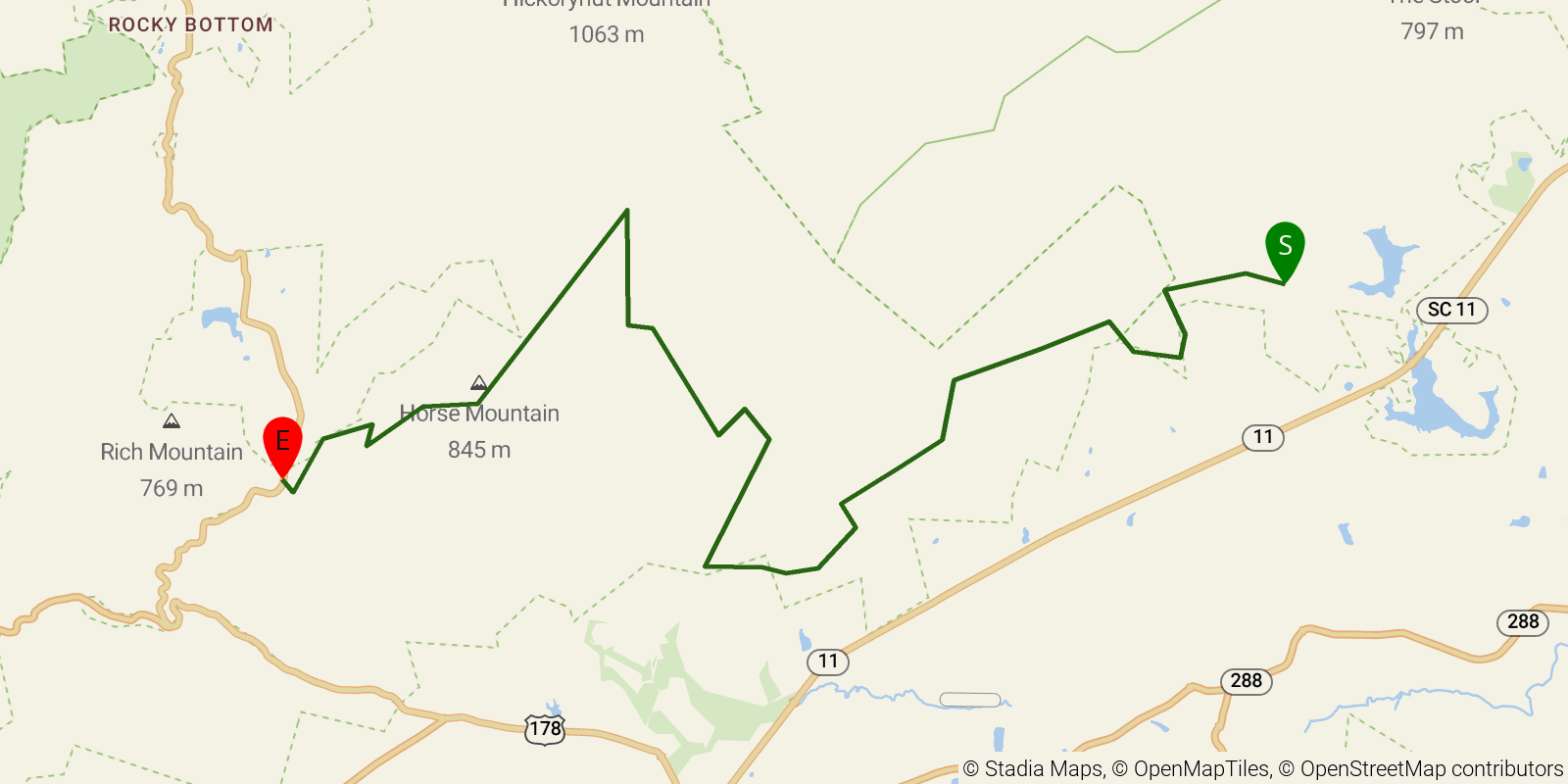 Route map of the Palmetto Trail — Jocassee Gorges Passage on OpenStreetMap terrain