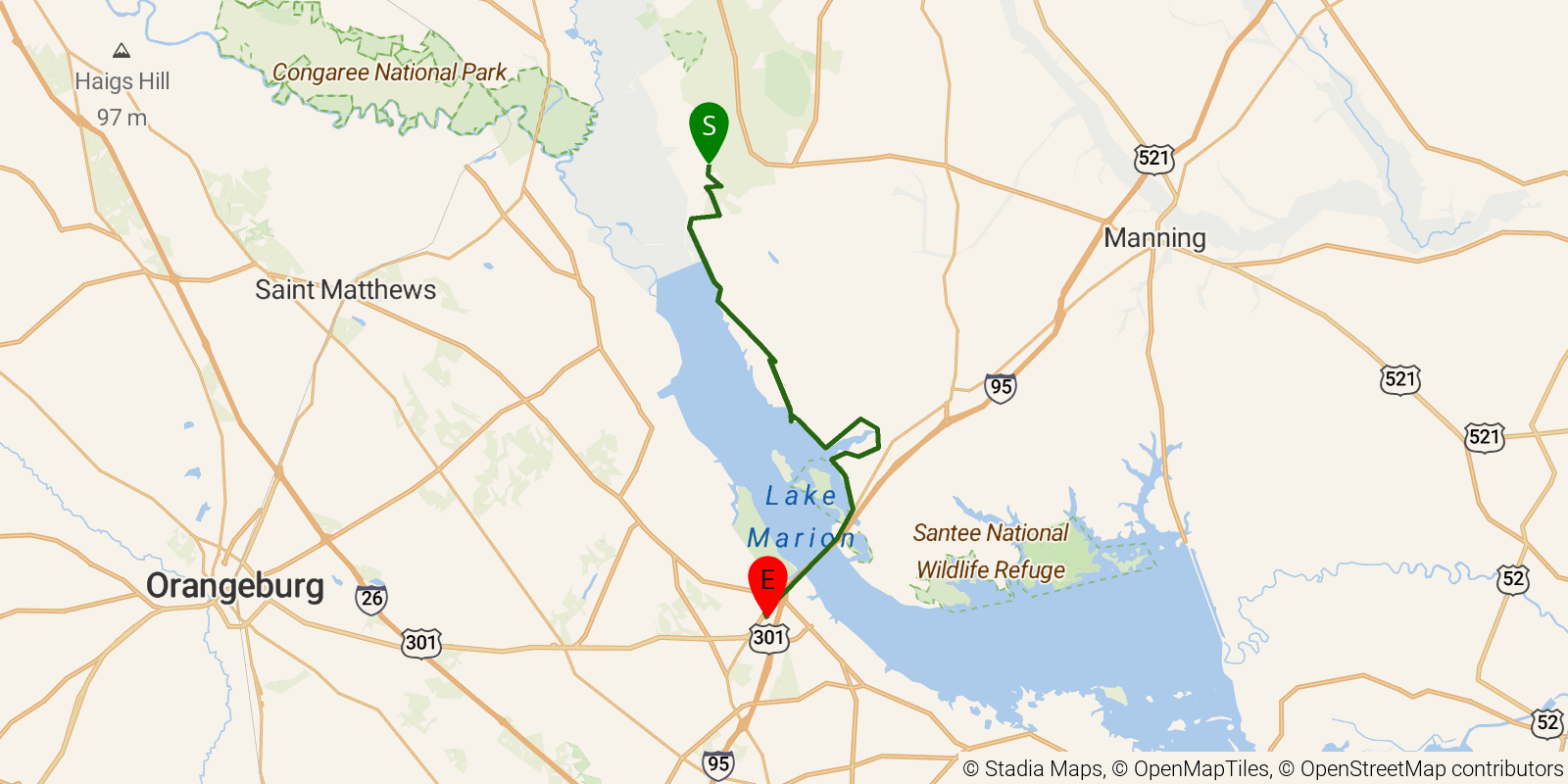 Route map of the Palmetto Trail — Lake Marion Passage on OpenStreetMap terrain