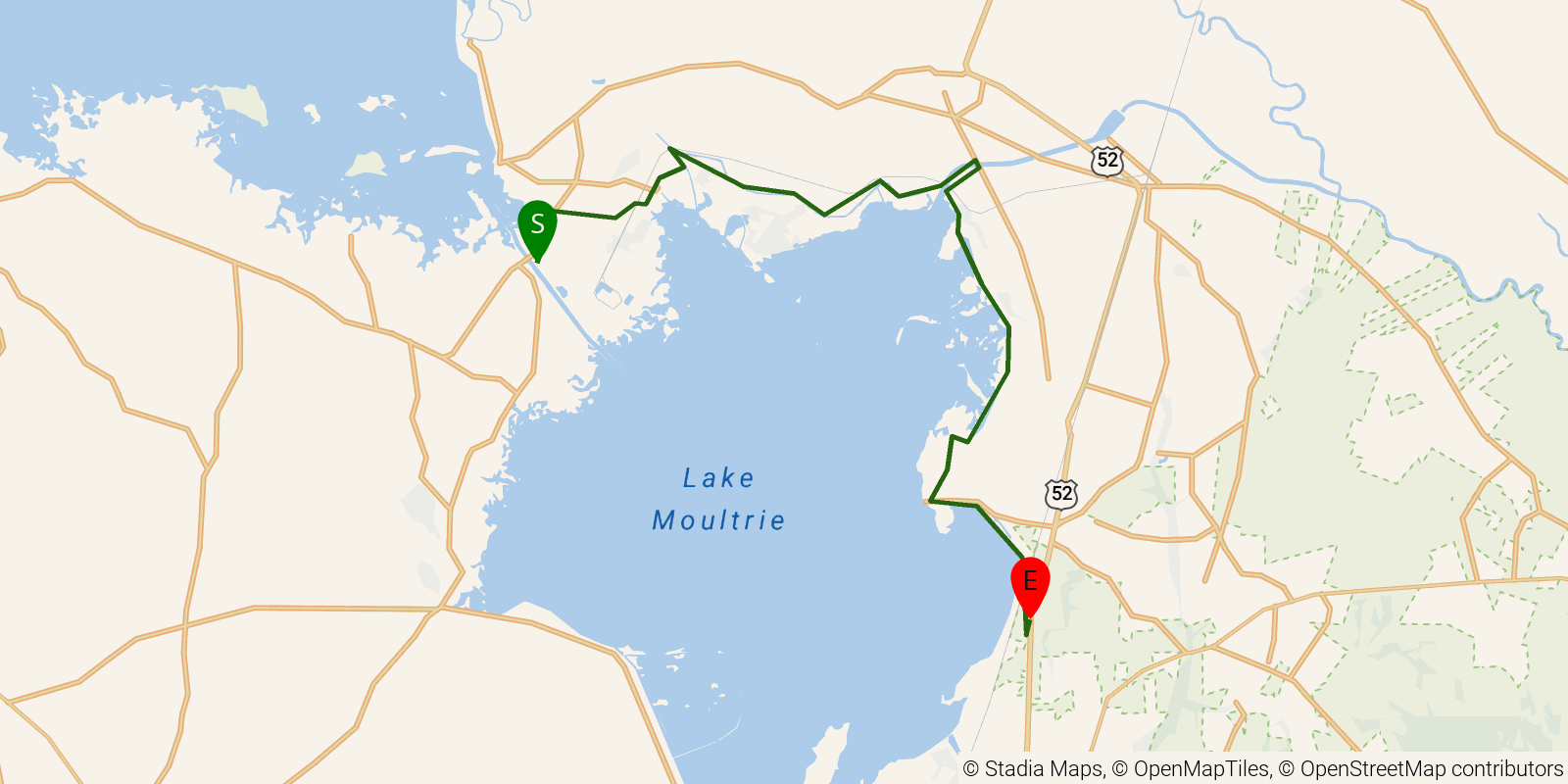 Route map of the Palmetto Trail — Lake Moultrie Passage on OpenStreetMap terrain