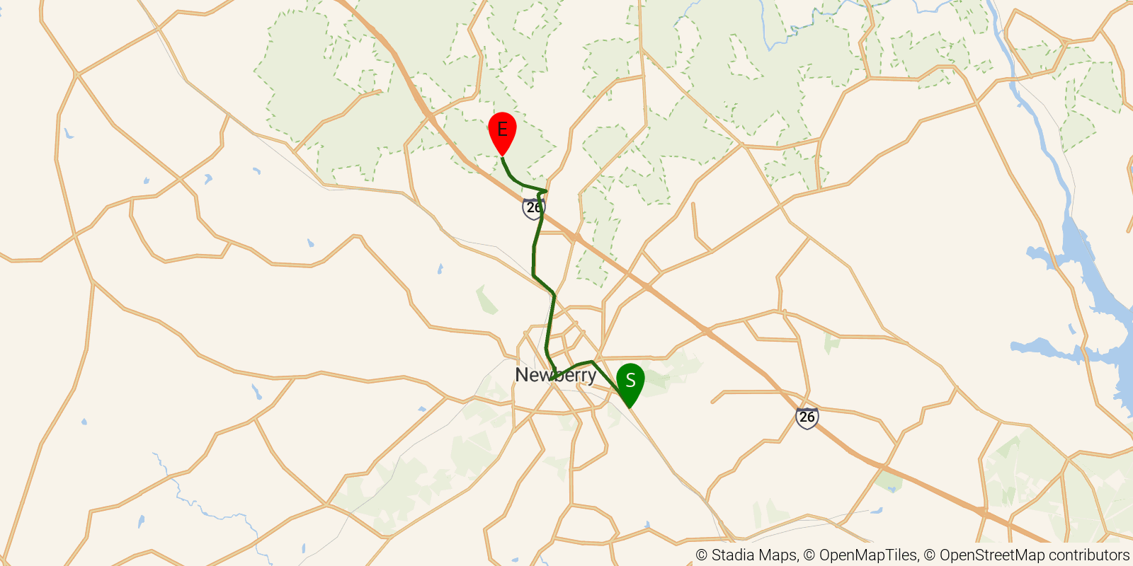 Route map of the Palmetto Trail — Newberry Passage on OpenStreetMap terrain