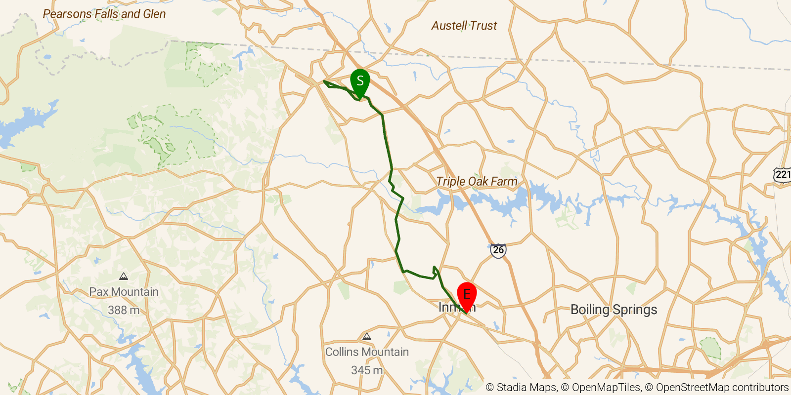 Route map of the Palmetto Trail — Peach Country Passage on OpenStreetMap terrain