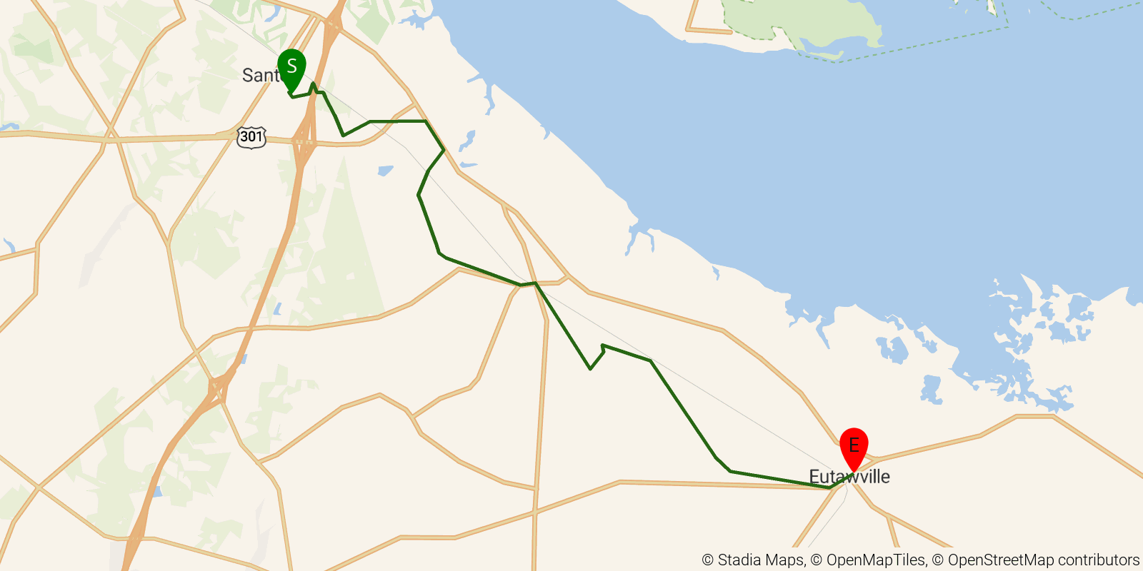 Route map of the Palmetto Trail — Santee Passage on OpenStreetMap terrain