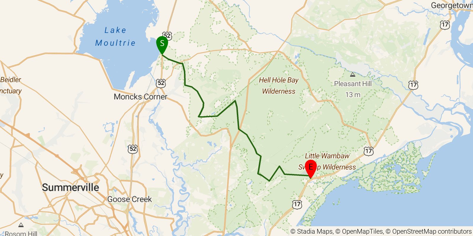 Route map of the Palmetto Trail — Swamp Fox Passage on OpenStreetMap terrain