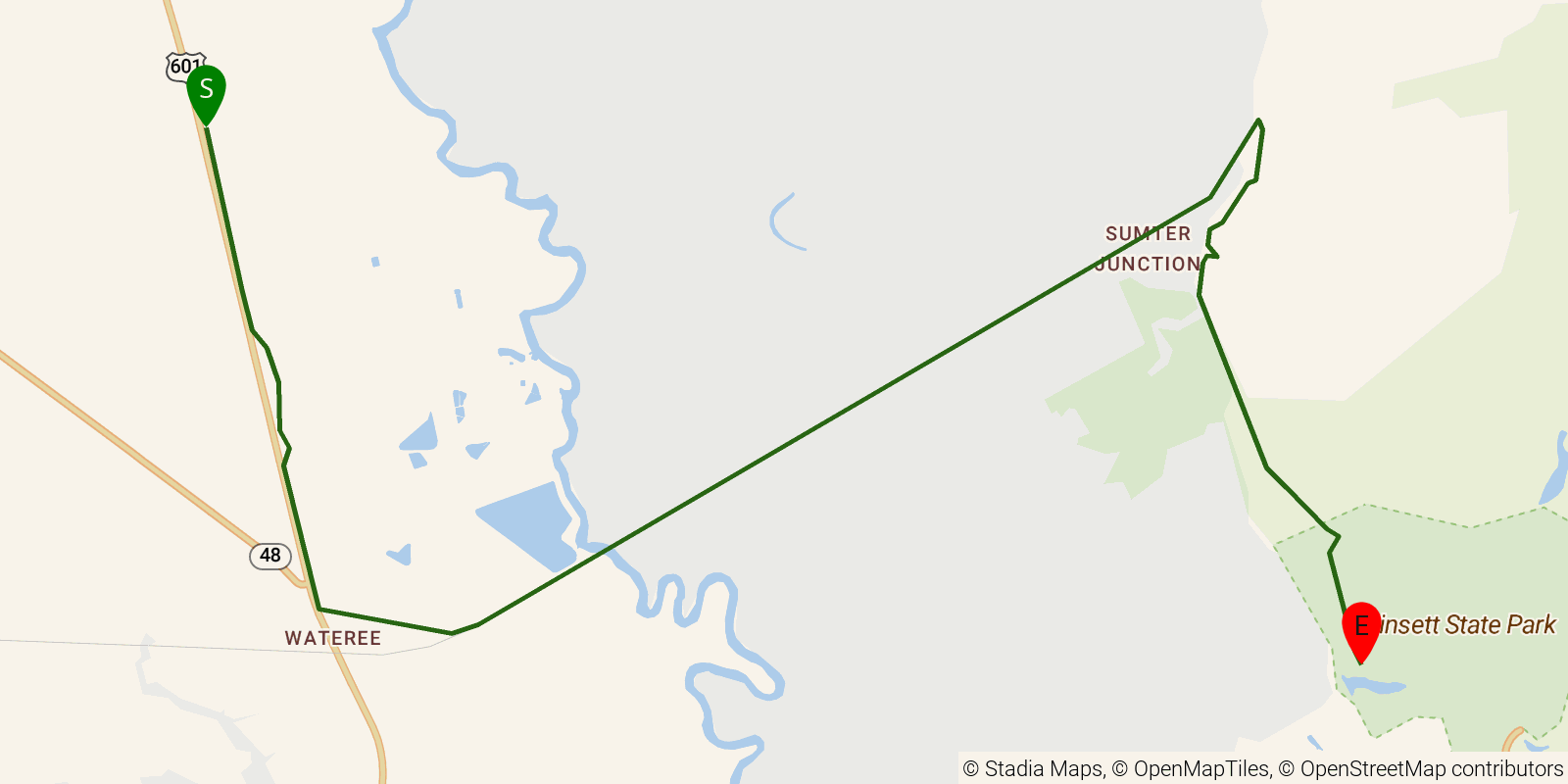Route map of the Palmetto Trail — Wateree Passage on OpenStreetMap terrain