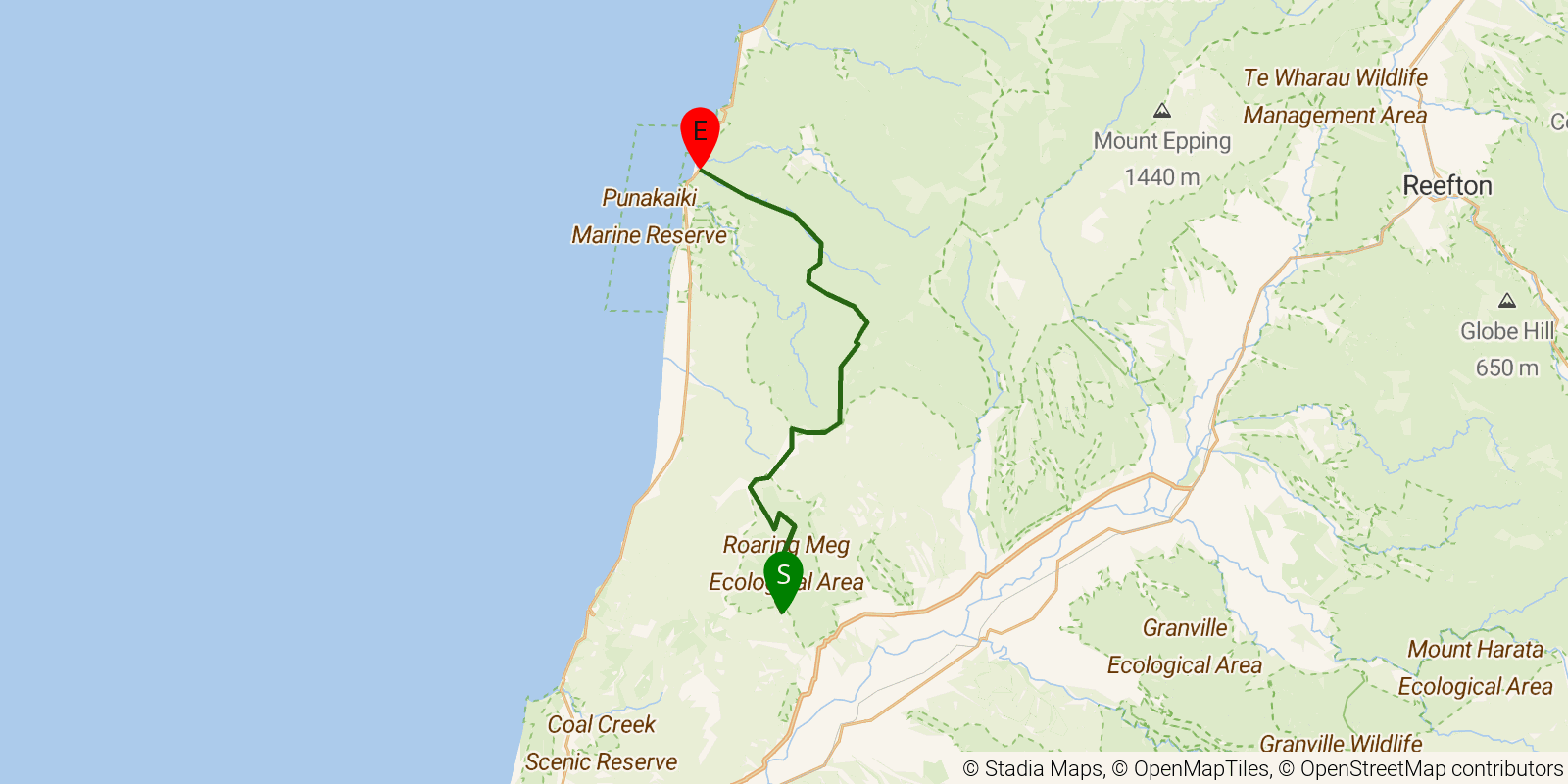 Route map of the Paparoa Track on OpenStreetMap terrain