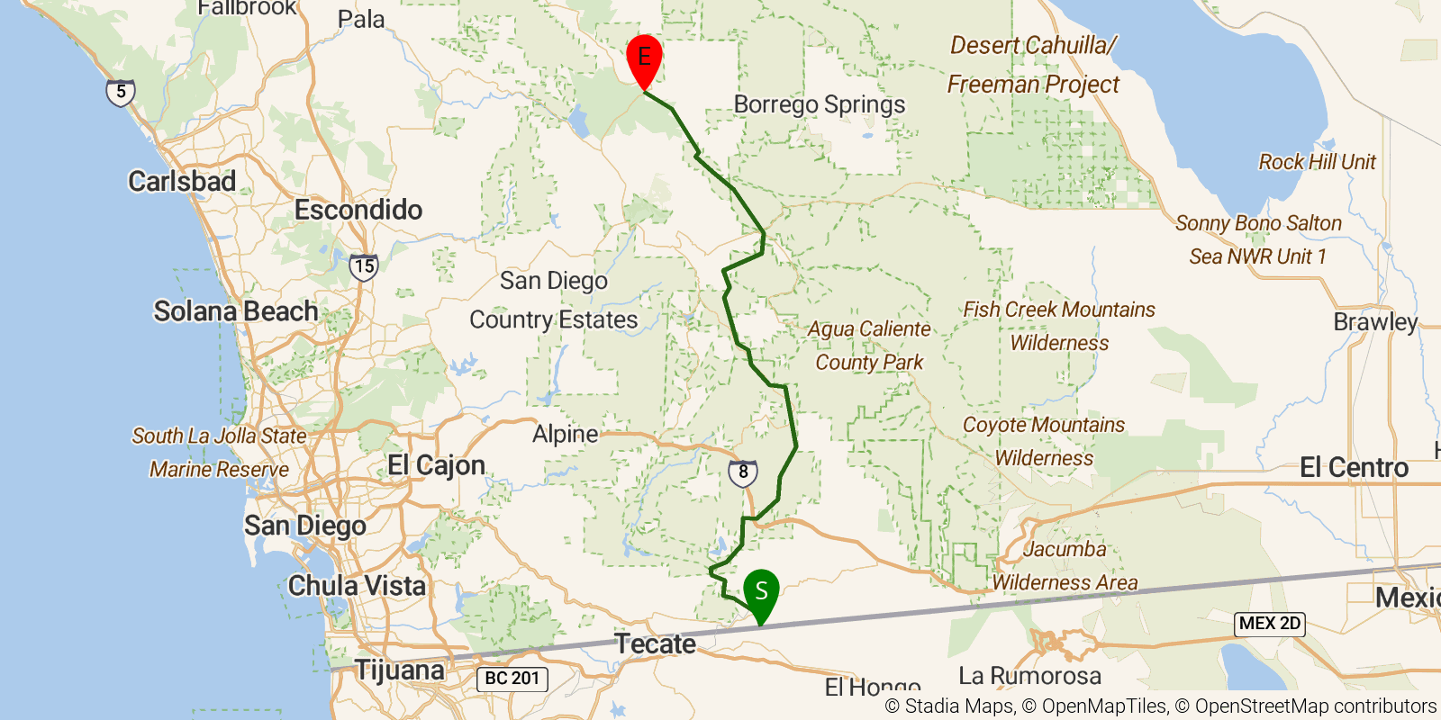 Route map of the PCT — California Section A on OpenStreetMap terrain