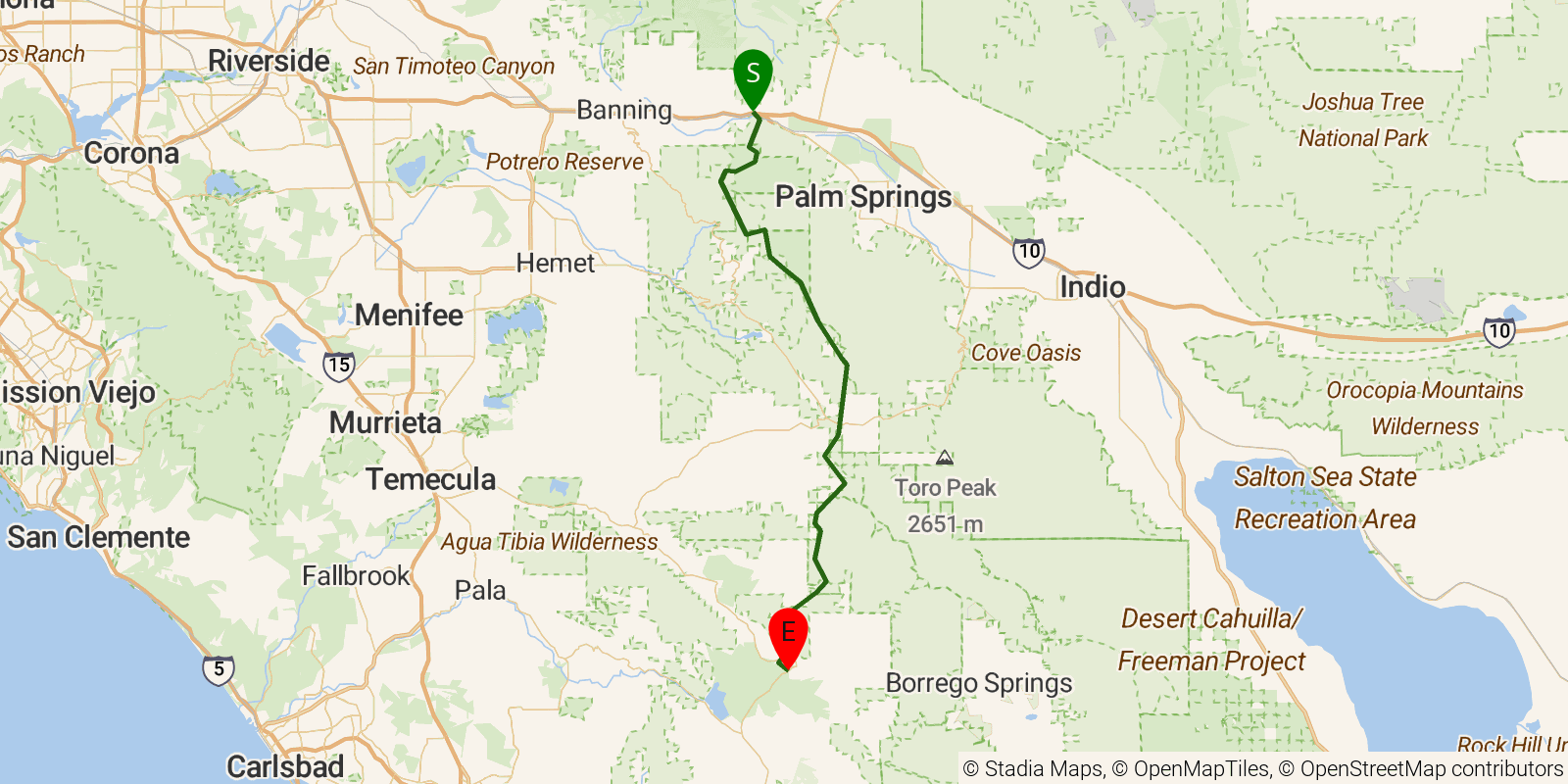 Route map of the PCT — California Section B on OpenStreetMap terrain