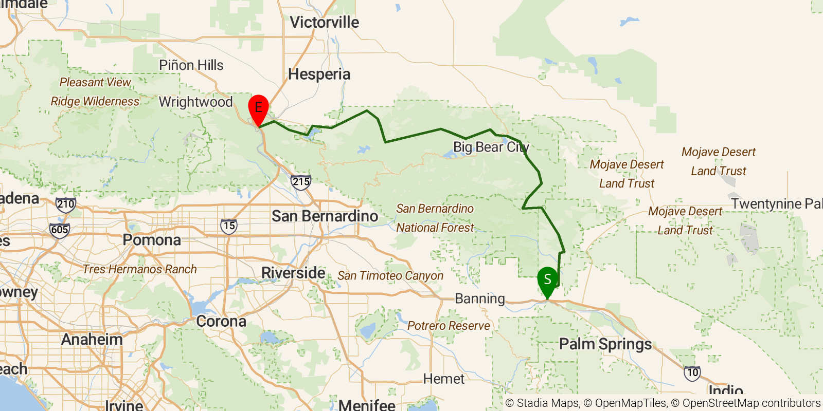 Route map of the PCT — California Section C on OpenStreetMap terrain