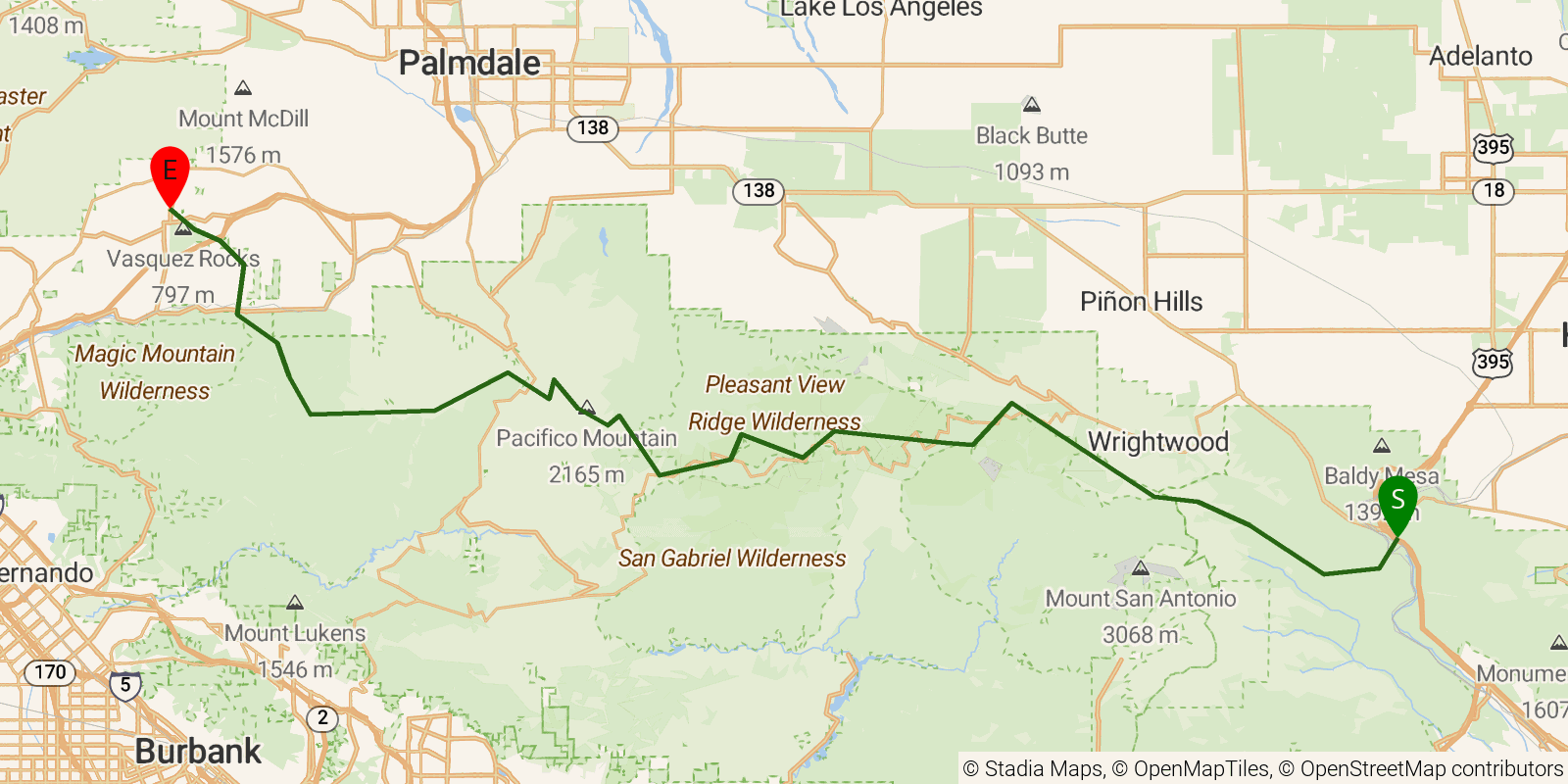 Route map of the PCT — California Section D on OpenStreetMap terrain