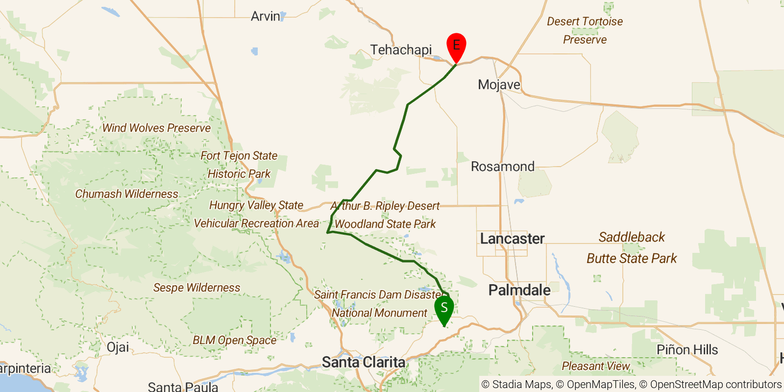 Route map of the PCT — California Section E on OpenStreetMap terrain