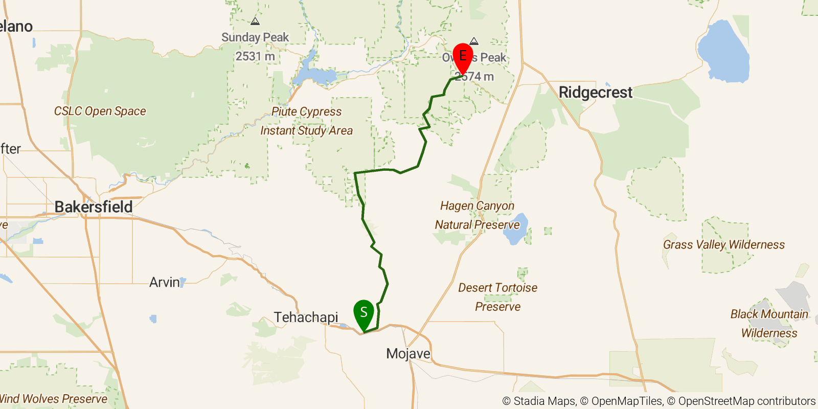 Route map of the PCT — California Section F on OpenStreetMap terrain