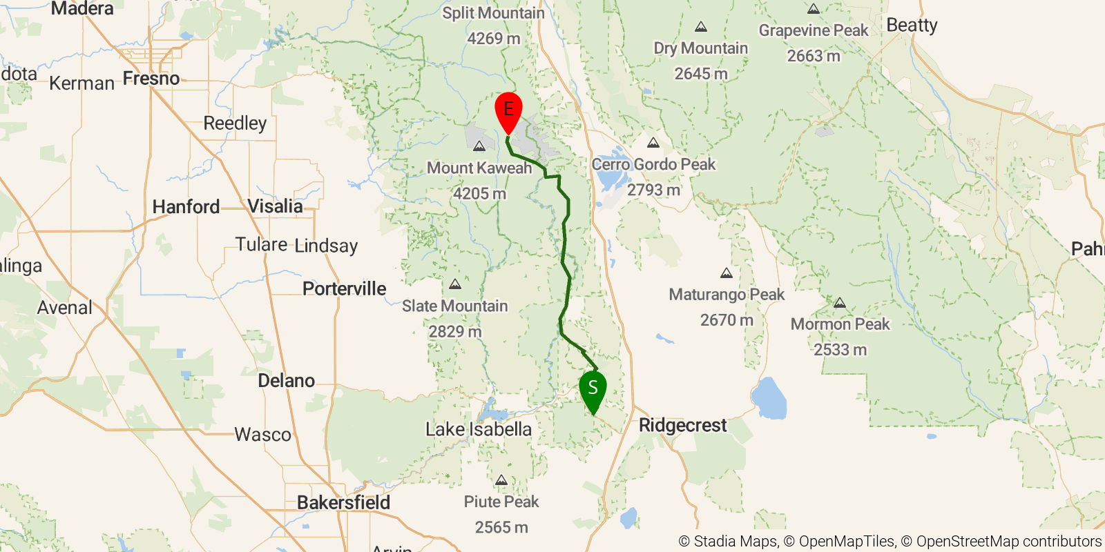 Route map of the PCT — California Section G on OpenStreetMap terrain