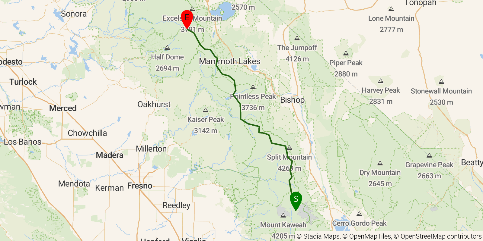 Route map of the PCT — California Section H on OpenStreetMap terrain