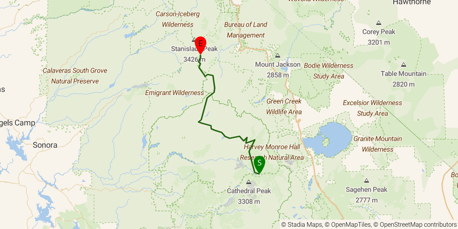 Route map of the PCT — California Section I on OpenStreetMap terrain