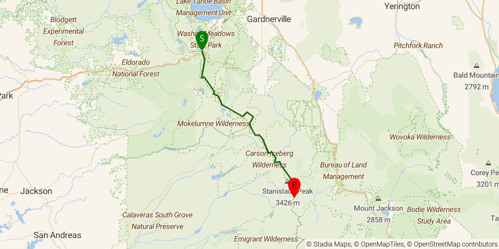 Route map of the PCT — California Section J on OpenStreetMap terrain