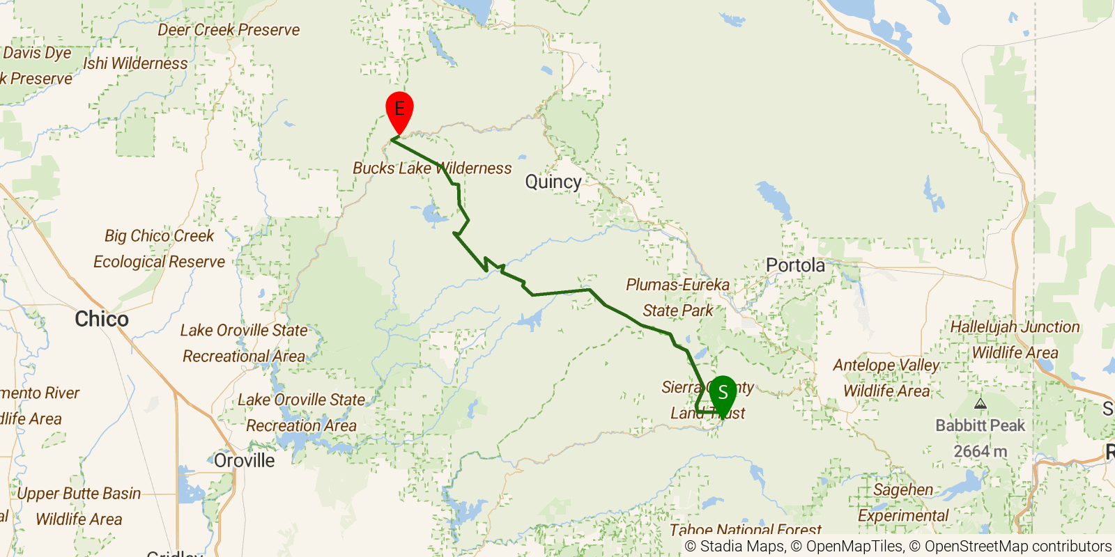 Route map of the PCT — California Section M on OpenStreetMap terrain