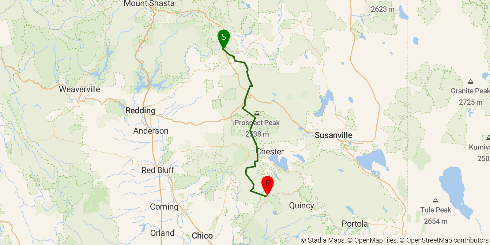 Route map of the PCT — California Section N on OpenStreetMap terrain