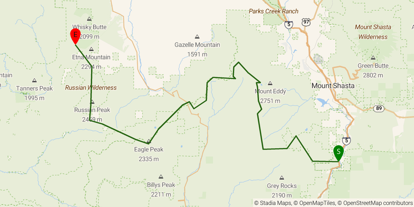 Route map of the PCT — California Section P on OpenStreetMap terrain