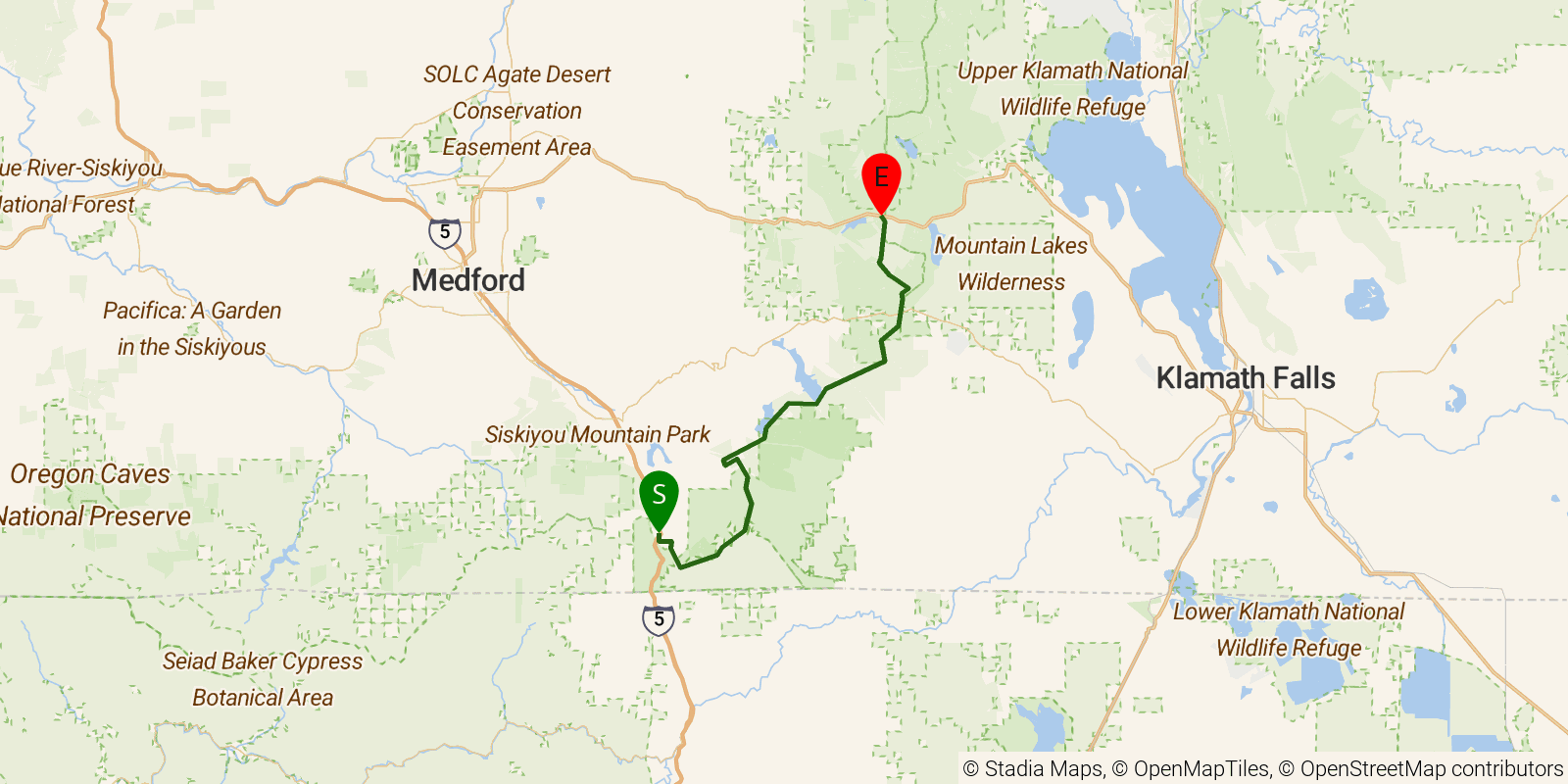 Route map of the PCT — Oregon Section B on OpenStreetMap terrain