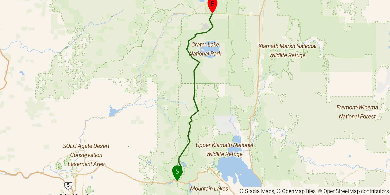 Route map of the PCT — Oregon Section C on OpenStreetMap terrain
