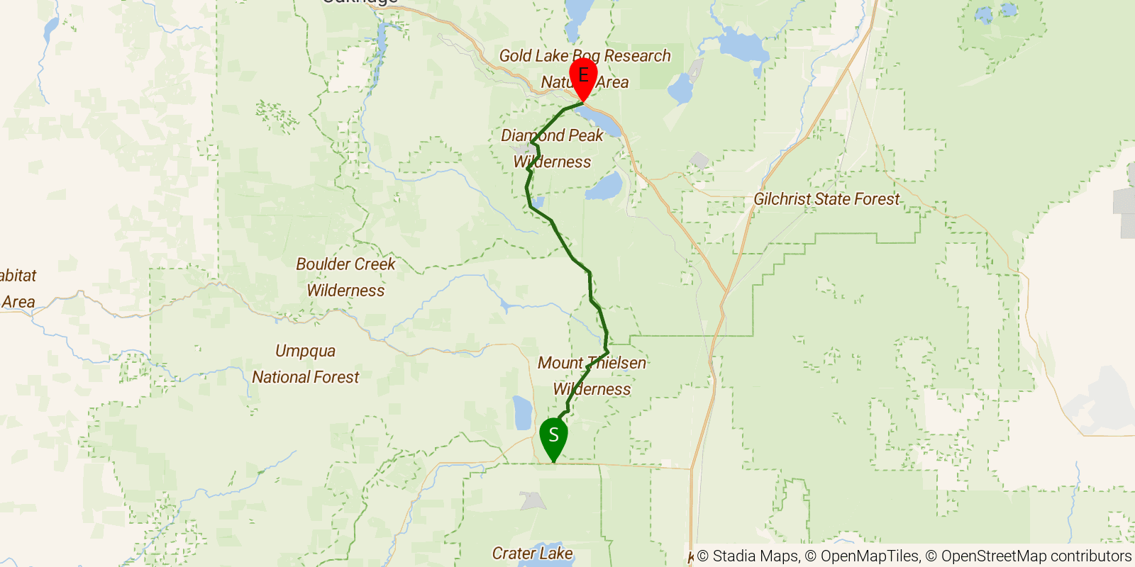 Route map of the PCT — Oregon Section D on OpenStreetMap terrain
