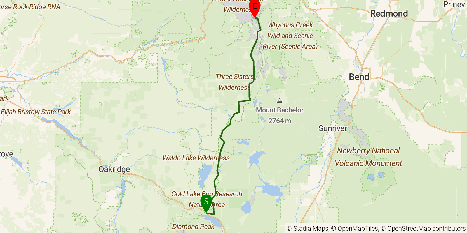 Route map of the PCT — Oregon Section E on OpenStreetMap terrain