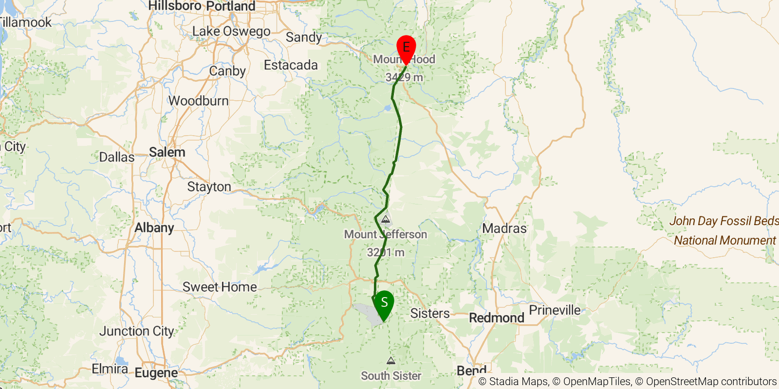 Route map of the PCT — Oregon Section F on OpenStreetMap terrain