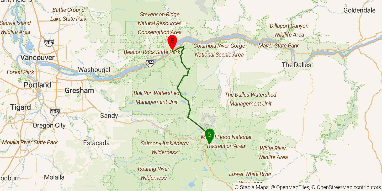 Route map of the PCT — Oregon Section G on OpenStreetMap terrain