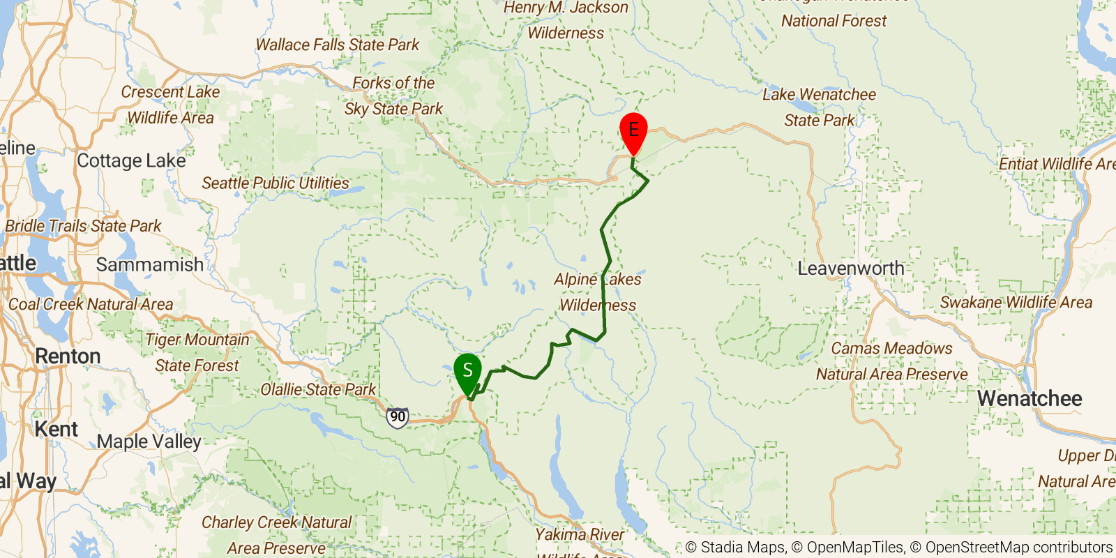 Route map of the PCT Washington Section J on OpenStreetMap terrain