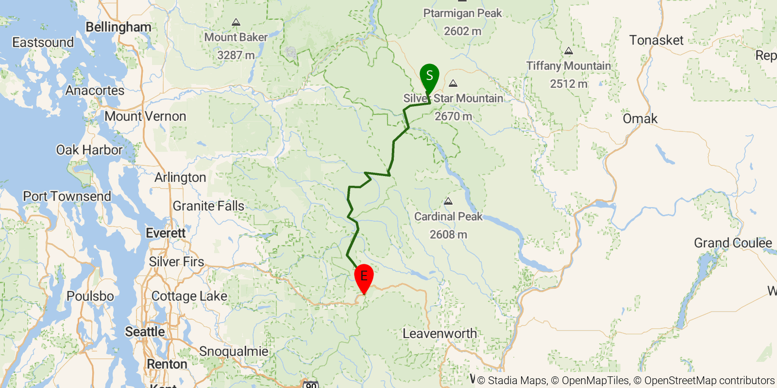 Route map of the PCT — Washington Section K on OpenStreetMap terrain