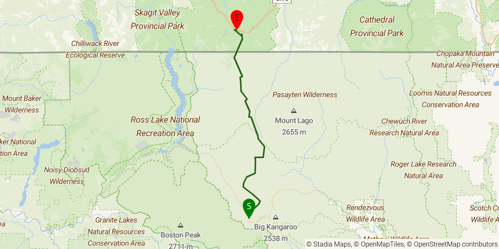 Route map of the PCT — Washington Section L on OpenStreetMap terrain