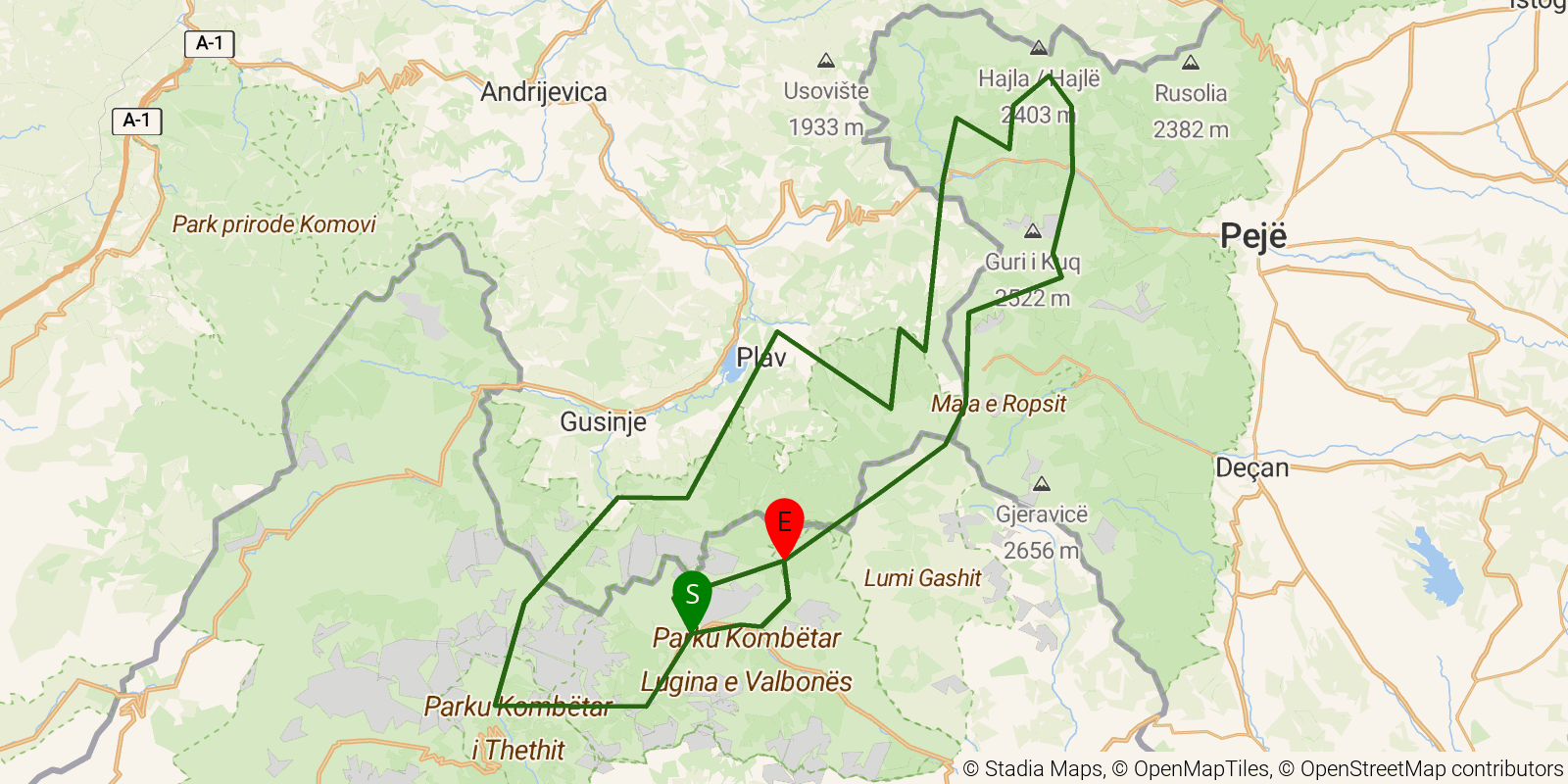 Route map of the Peaks of the Balkans on OpenStreetMap terrain