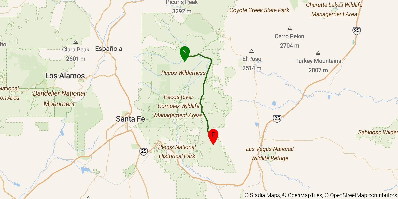 Route map of the Pecos Skyline Trail (Trail 251) on OpenStreetMap terrain