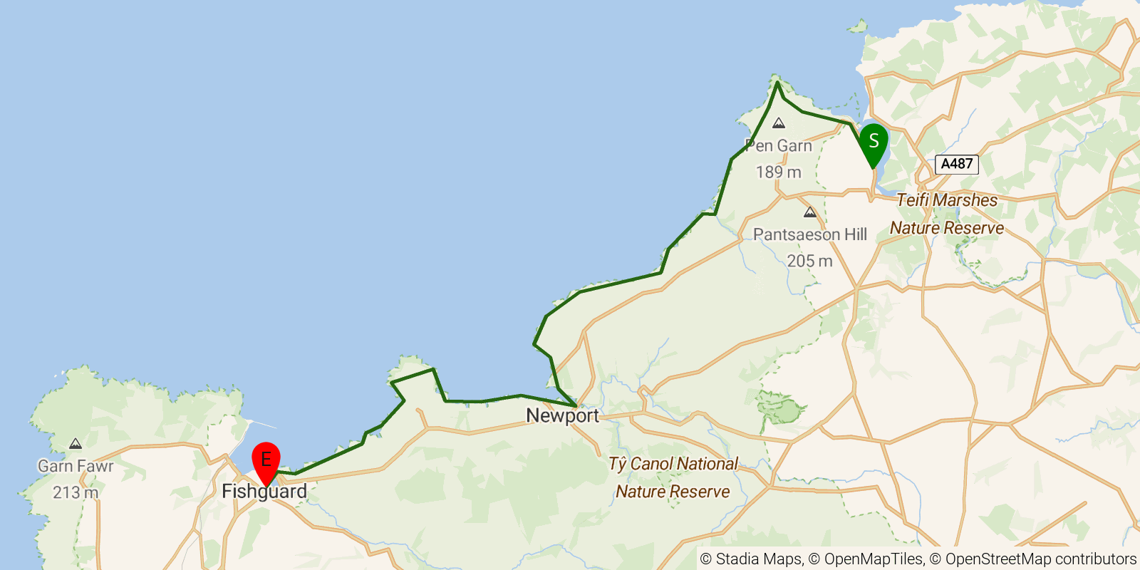 Route map of the Pembrokeshire Coast Path — Sections 1–2: St Dogmaels to Fishguard on OpenStreetMap terrain