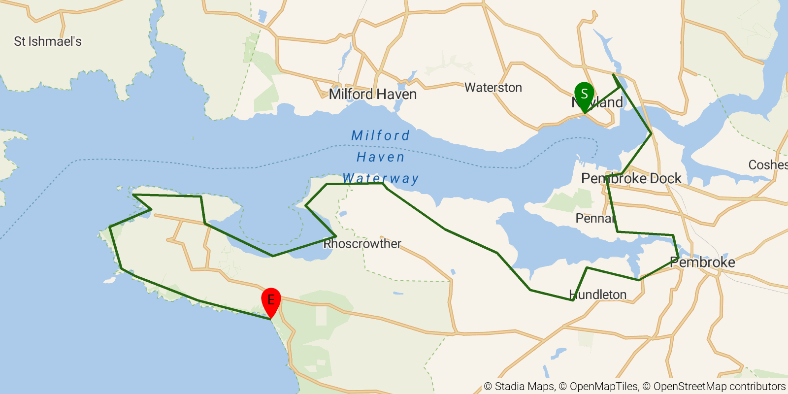 Route map of the Pembrokeshire Coast Path — Sections 11–12: Neyland to Freshwater West on OpenStreetMap terrain