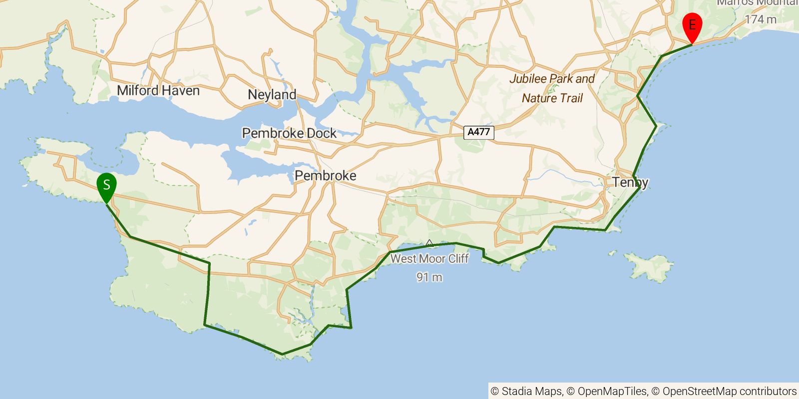 Route map of the Pembrokeshire Coast Path — Sections 13–15: Freshwater West to Amroth on OpenStreetMap terrain