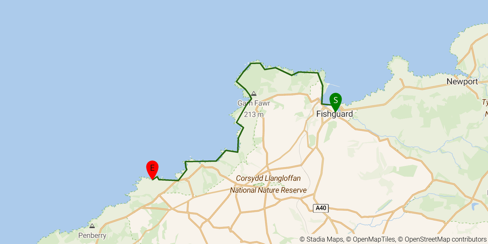 Route map of the Pembrokeshire Coast Path — Sections 3–4: Fishguard to Porthgain on OpenStreetMap terrain