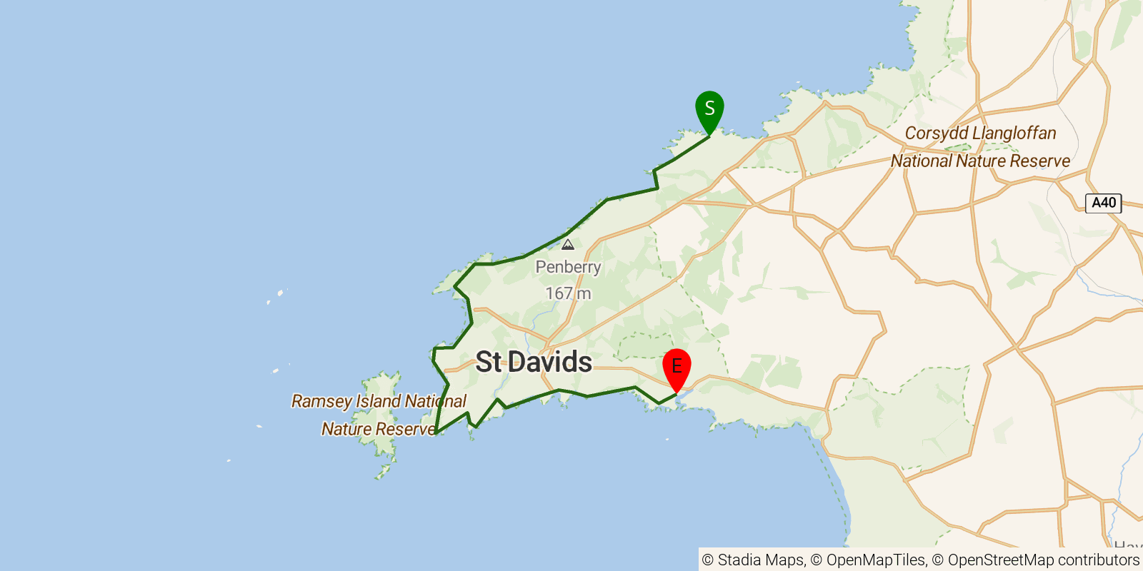 Route map of the Pembrokeshire Coast Path — Sections 5–6: Porthgain to Solva on OpenStreetMap terrain