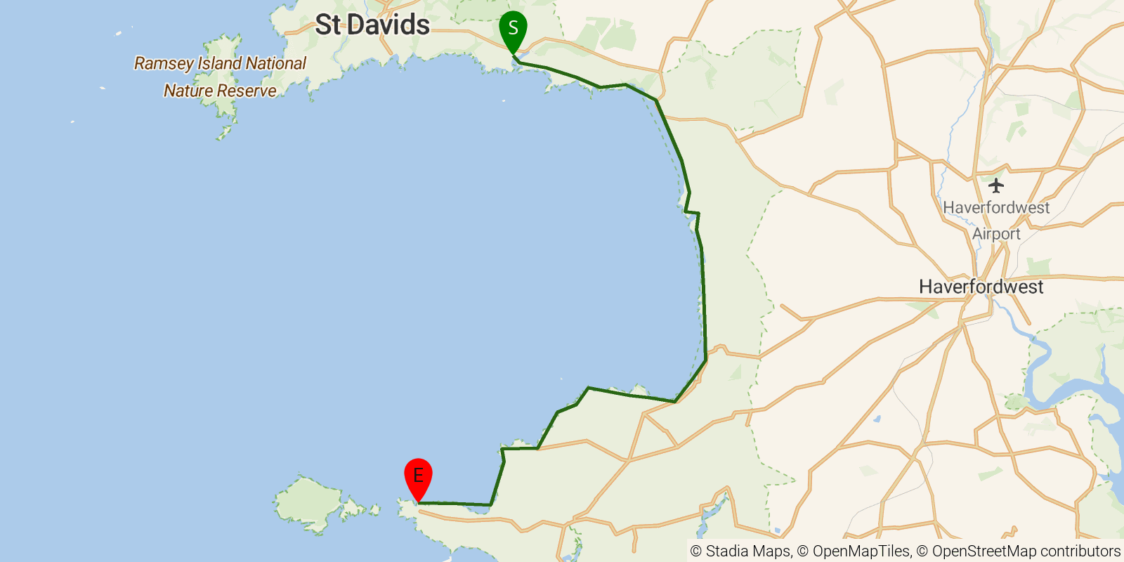 Route map of the Pembrokeshire Coast Path — Sections 7–8: Solva to Martin's Haven on OpenStreetMap terrain