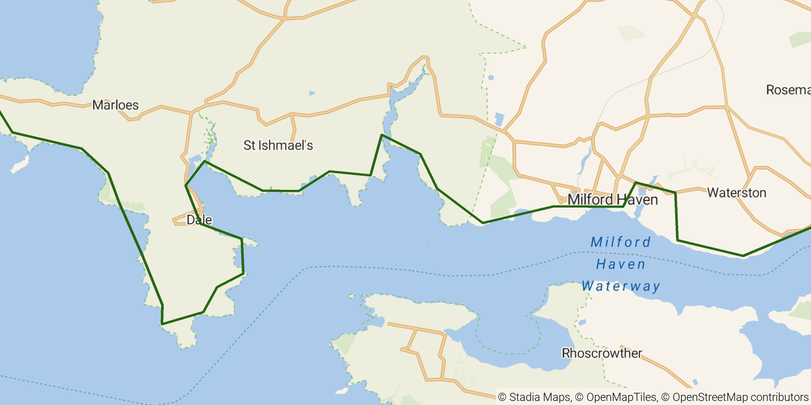 Route map of the Pembrokeshire Coast Path — Sections 9–10: Martin's Haven to Neyland on OpenStreetMap terrain