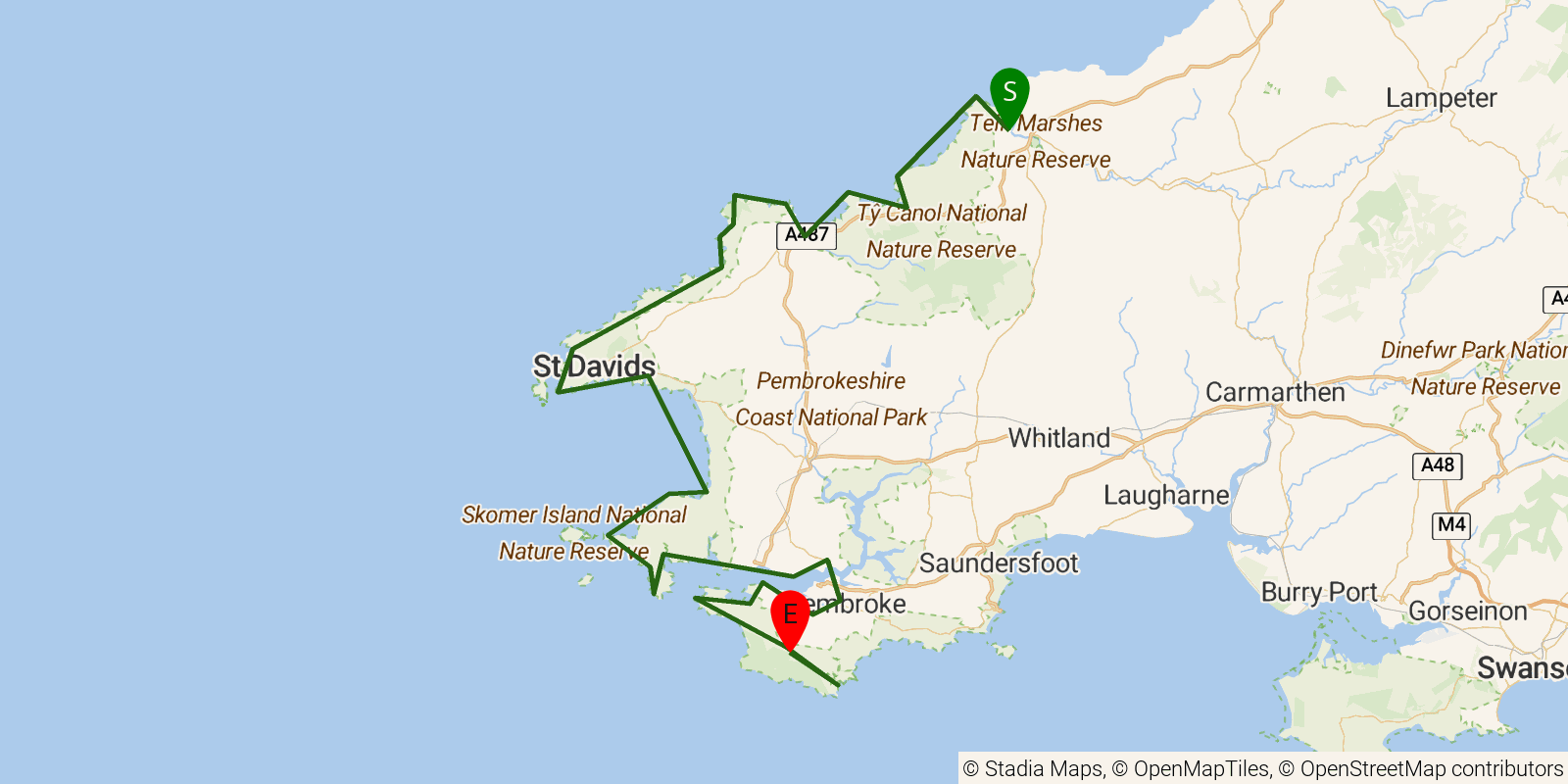 Route map of the Pembrokeshire Coast Path on OpenStreetMap terrain