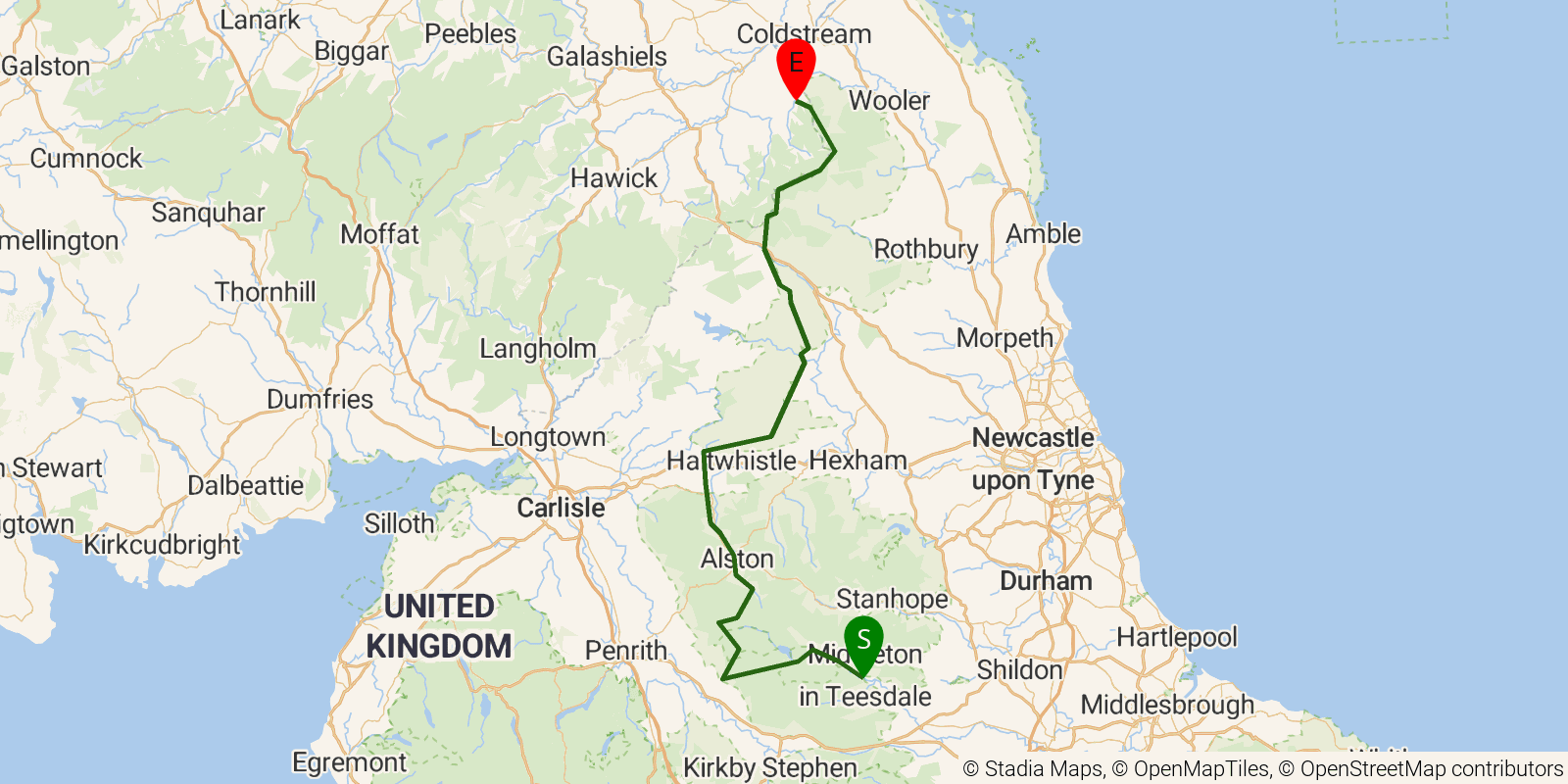 Route map of the Pennine Way (Middleton-in-Teesdale to Kirk Yetholm) on OpenStreetMap terrain